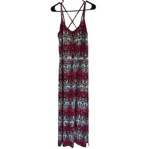 Tart Aztec Tribal Striped Multicolor Modal Maxi Dress Cross Back Pink Black Teal